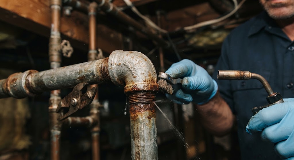 Plumber repairing a leaking copper pipe behind a wall in Sayreville