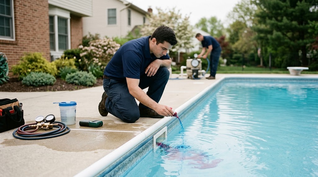 Technician performing a dye test underwater to find a pool leak