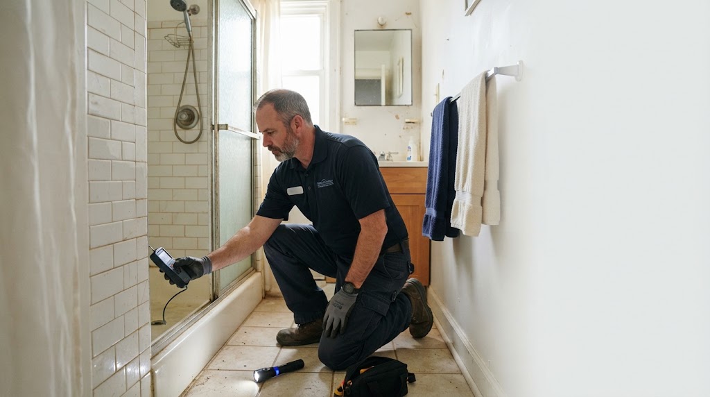 Plumbing technician using acoustic ground microphone to find a slab leak in Sayreville